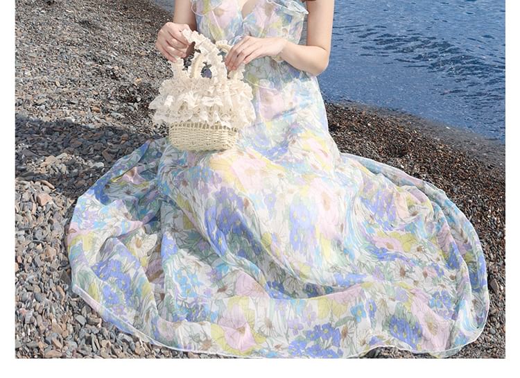 Cutout Sleeveless V-Neck Floral Sundress Ruffle Maxi