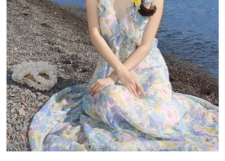 Cutout Sleeveless V-Neck Floral Sundress Ruffle Maxi