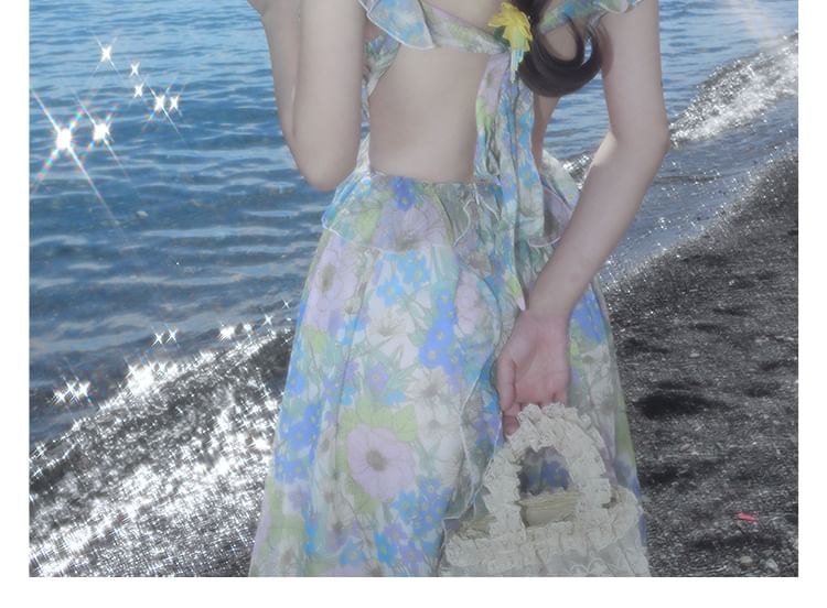 Cutout Sleeveless V-Neck Floral Sundress Ruffle Maxi