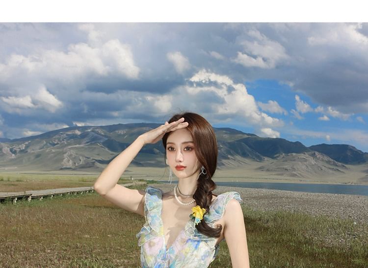 Cutout Sleeveless V-Neck Floral Sundress Ruffle Maxi