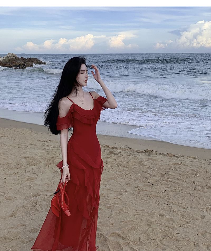 Plain Maxi Sundress Ruffle Cold-Shoulder Asymmetrical