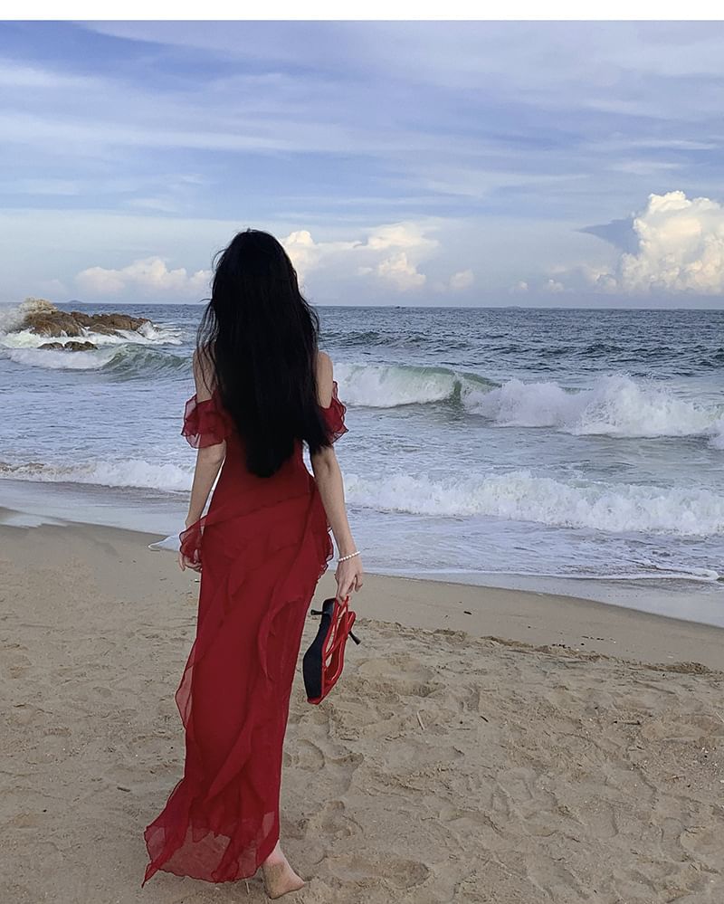 Plain Maxi Sundress Ruffle Cold-Shoulder Asymmetrical