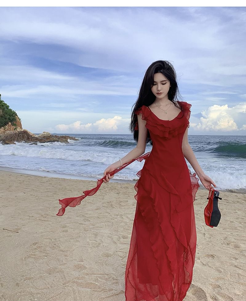 Plain Maxi Sundress Ruffle Cold-Shoulder Asymmetrical