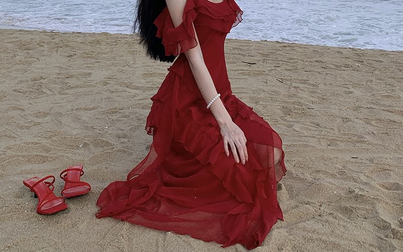 Plain Maxi Sundress Ruffle Cold-Shoulder Asymmetrical