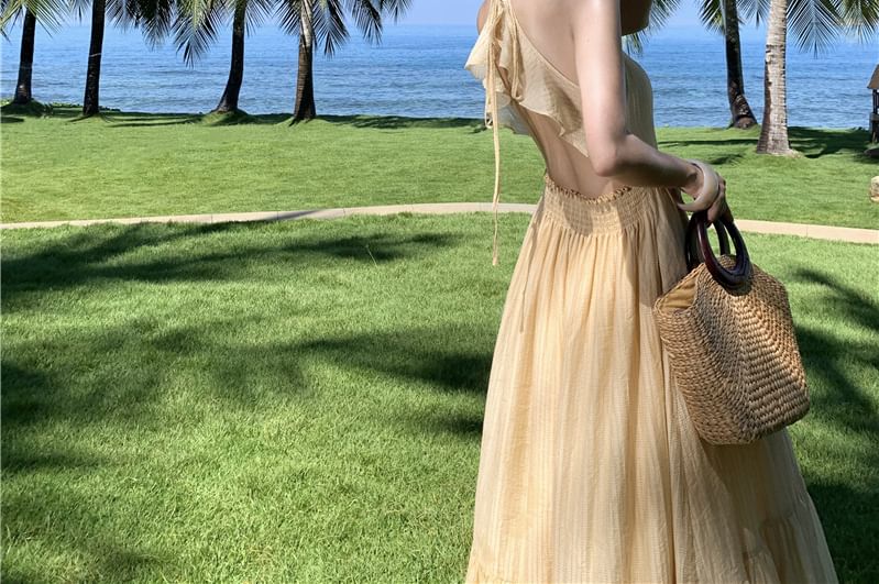 Maxi Dress Plain Ruffle A-Line Strap Spaghetti Slit Cutout