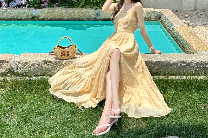 Maxi Dress Plain Ruffle A-Line Strap Spaghetti Slit Cutout