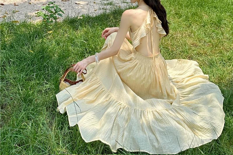 Maxi Dress Plain Ruffle A-Line Strap Spaghetti Slit Cutout