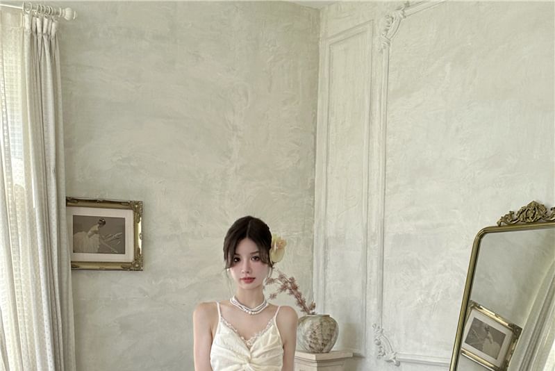 Ruched Maxi Panel Strap Plain A-Line Slit V-Neck Spaghetti Dress Lace