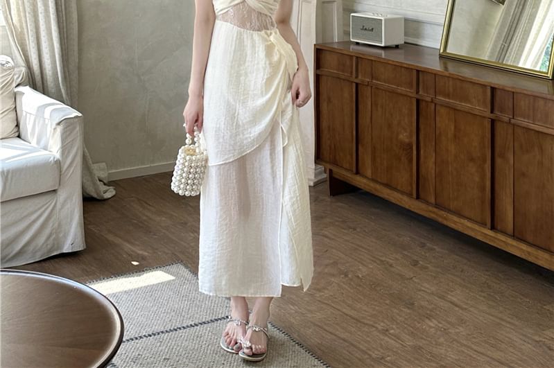 Ruched Maxi Panel Strap Plain A-Line Slit V-Neck Spaghetti Dress Lace