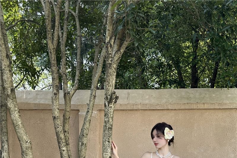 Ruched Maxi Panel Strap Plain A-Line Slit V-Neck Spaghetti Dress Lace