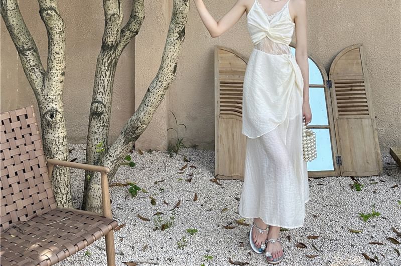 Ruched Maxi Panel Strap Plain A-Line Slit V-Neck Spaghetti Dress Lace