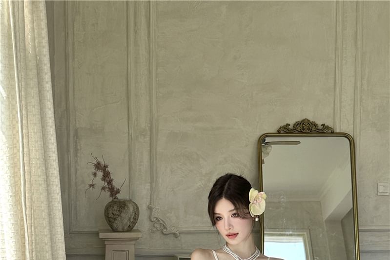 Ruched Maxi Panel Strap Plain A-Line Slit V-Neck Spaghetti Dress Lace