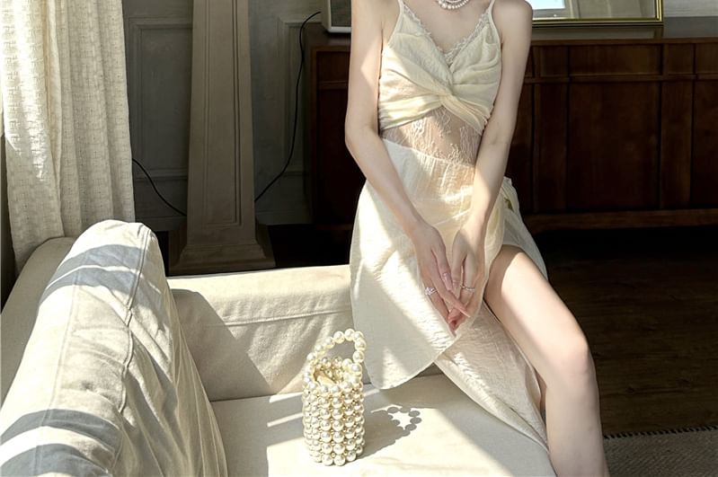 Ruched Maxi Panel Strap Plain A-Line Slit V-Neck Spaghetti Dress Lace