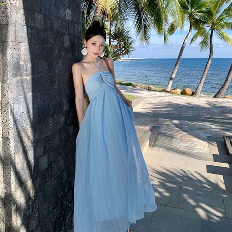 Dress A-Line Tie Plain Back Halter Maxi