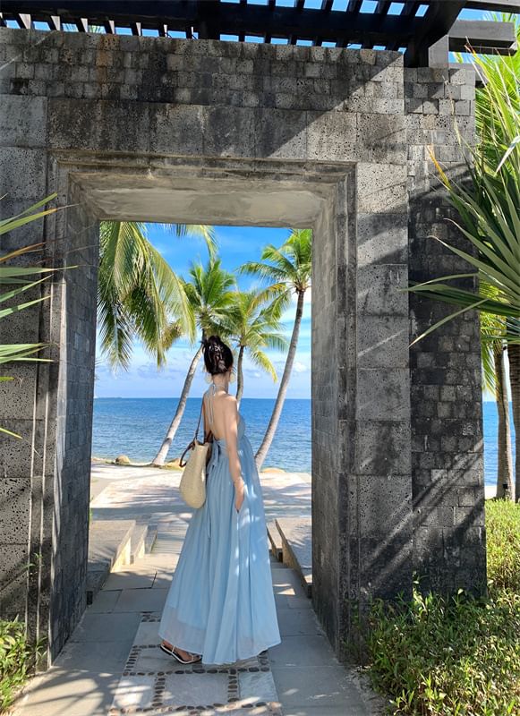 Dress A-Line Tie Plain Back Halter Maxi