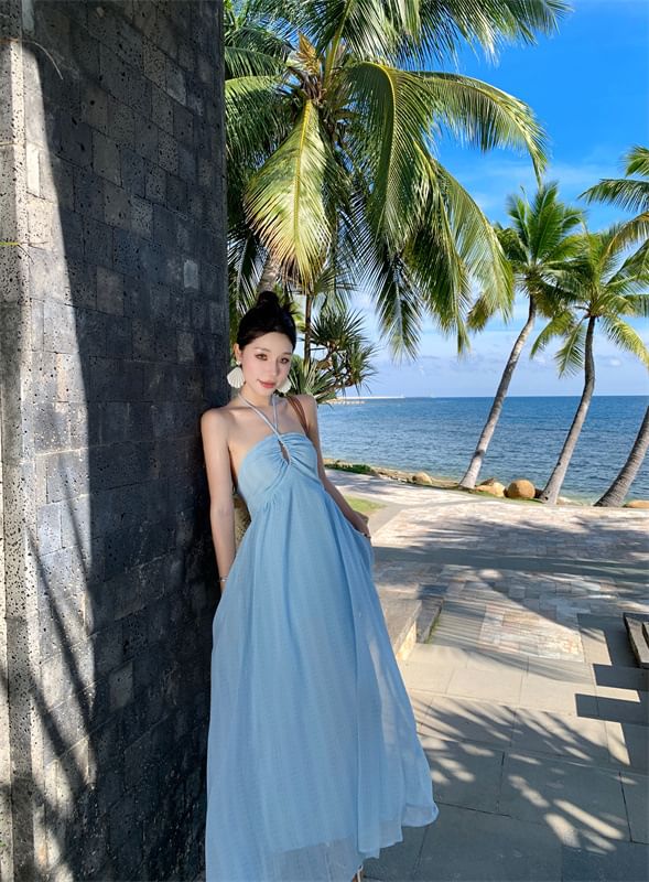 Dress A-Line Tie Plain Back Halter Maxi