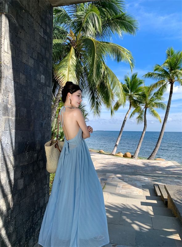 Dress A-Line Tie Plain Back Halter Maxi