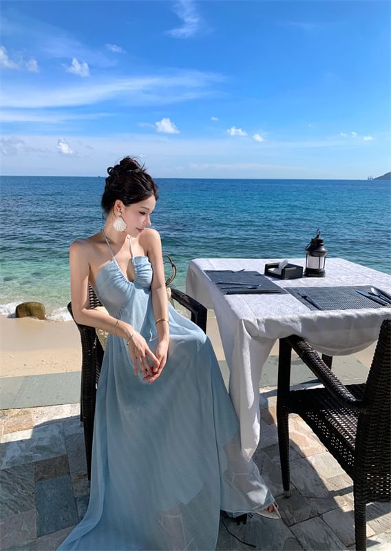 Dress A-Line Tie Plain Back Halter Maxi