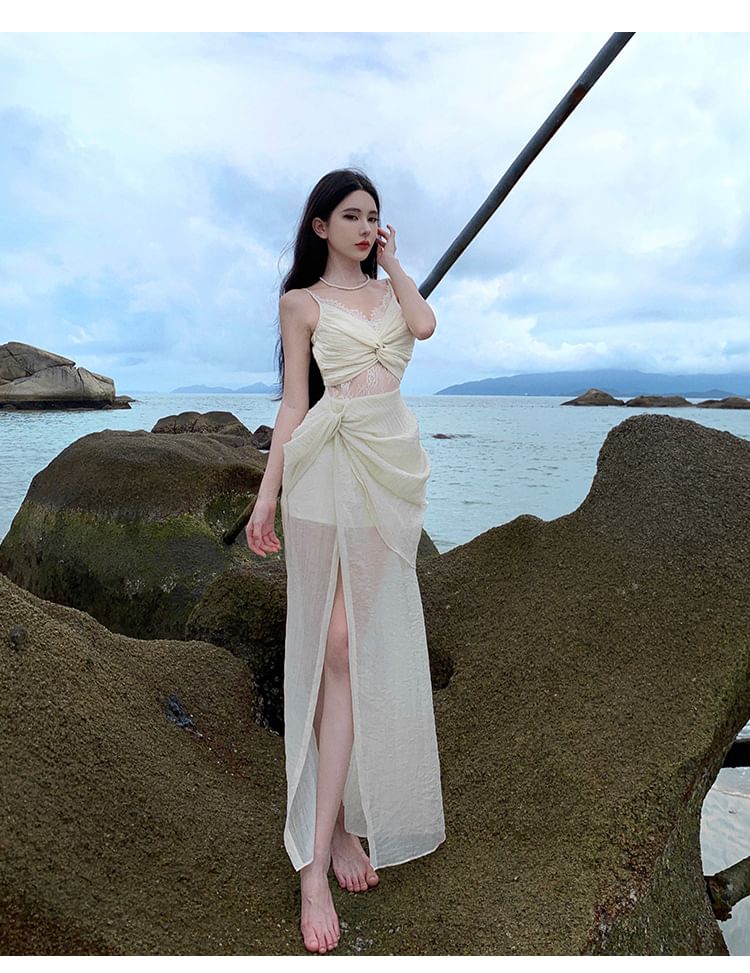 Ruched Strap Plain A-Line Slit Spaghetti V-Neck Panel Lace Maxi