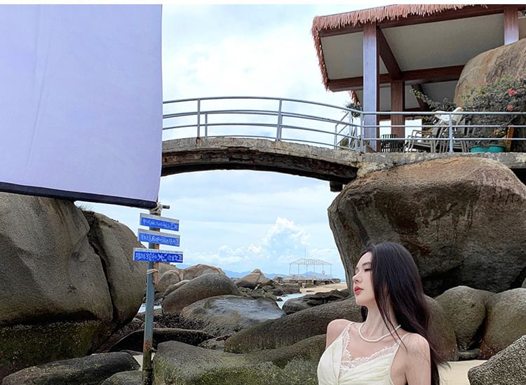 Ruched Strap Plain A-Line Slit Spaghetti V-Neck Panel Lace Maxi