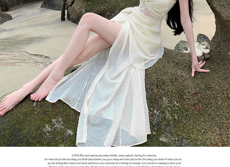 Ruched Strap Plain A-Line Slit Spaghetti V-Neck Panel Lace Maxi