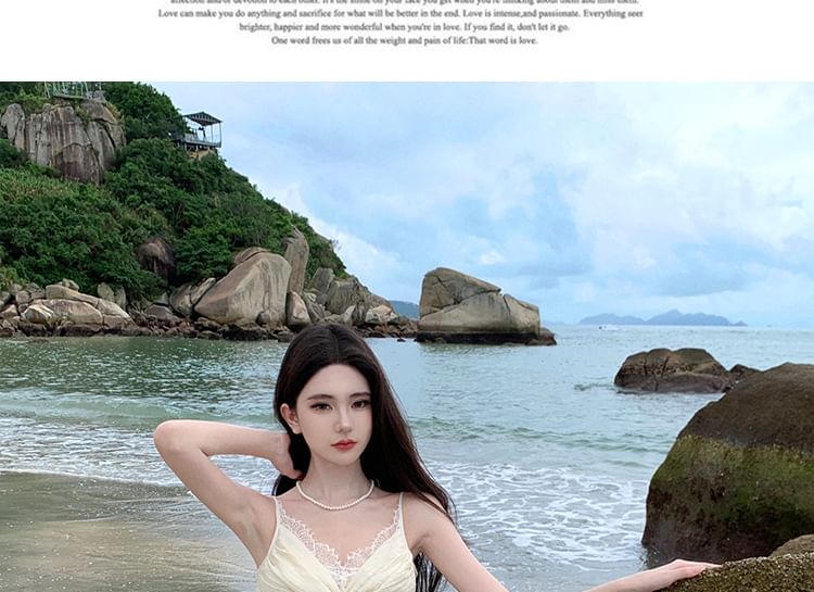 Ruched Strap Plain A-Line Slit Spaghetti V-Neck Panel Lace Maxi