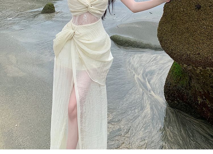 Ruched Strap Plain A-Line Slit Spaghetti V-Neck Panel Lace Maxi