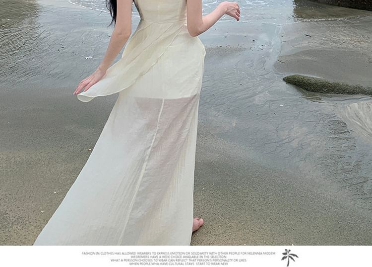 Ruched Strap Plain A-Line Slit Spaghetti V-Neck Panel Lace Maxi