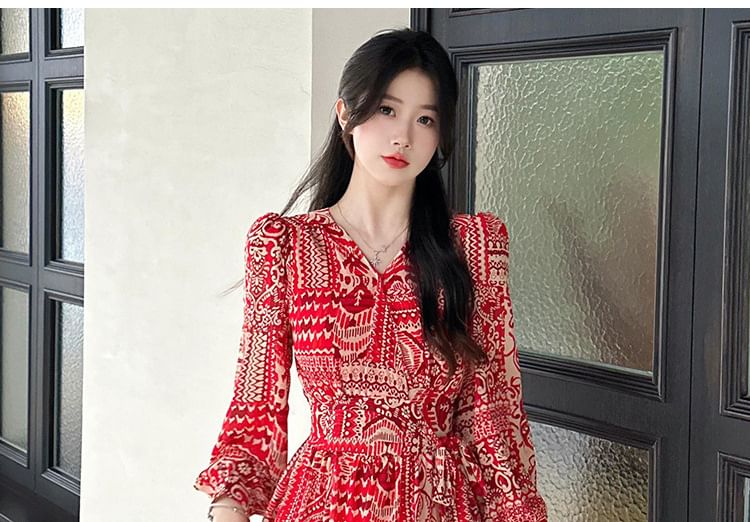 A-Line Dress Print Patterned Slit Maxi Long-Sleeve V-Neck