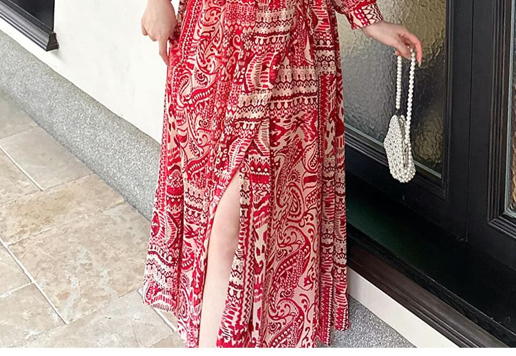 A-Line Dress Print Patterned Slit Maxi Long-Sleeve V-Neck
