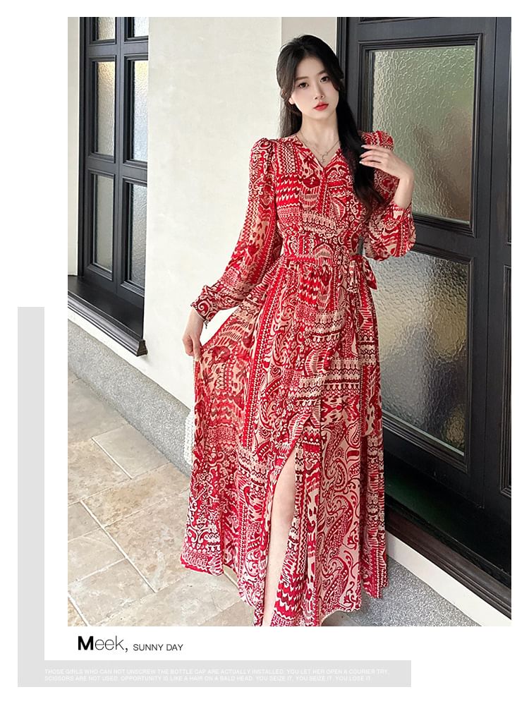 A-Line Dress Print Patterned Slit Maxi Long-Sleeve V-Neck