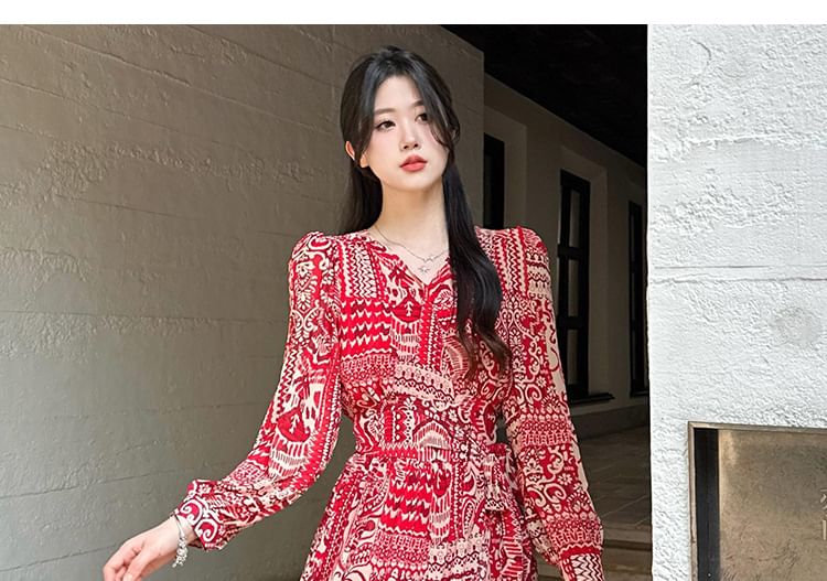 A-Line Dress Print Patterned Slit Maxi Long-Sleeve V-Neck