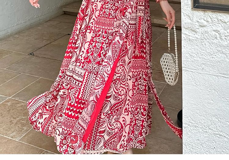 A-Line Dress Print Patterned Slit Maxi Long-Sleeve V-Neck