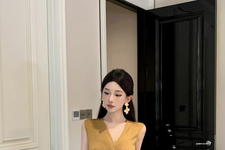 Sheath Plain Slit Dress Wrap Maxi Ruched V-Neck Sleeveless