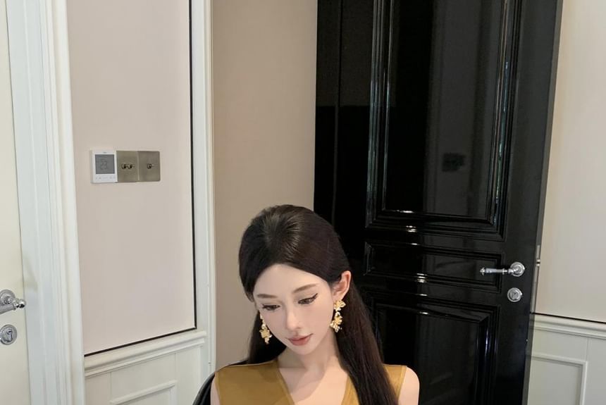 Sheath Plain Slit Dress Wrap Maxi Ruched V-Neck Sleeveless