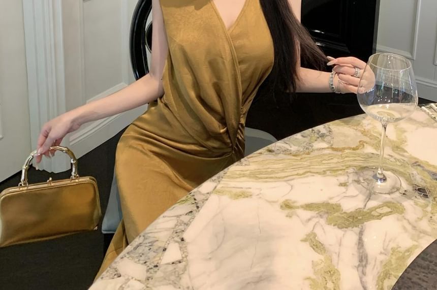 Sheath Plain Slit Dress Wrap Maxi Ruched V-Neck Sleeveless