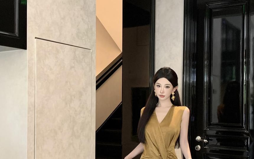 Sheath Plain Slit Dress Wrap Maxi Ruched V-Neck Sleeveless