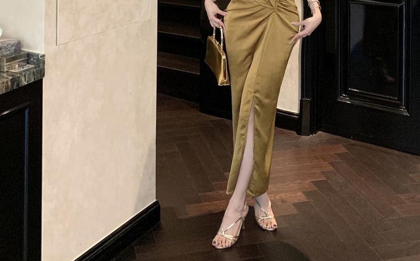 Sheath Plain Slit Dress Wrap Maxi Ruched V-Neck Sleeveless