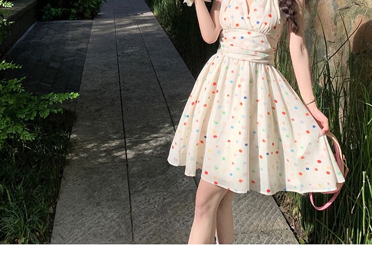 V-Neck Dress Halter A-Line Dotted Mini