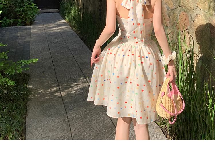 V-Neck Dress Halter A-Line Dotted Mini