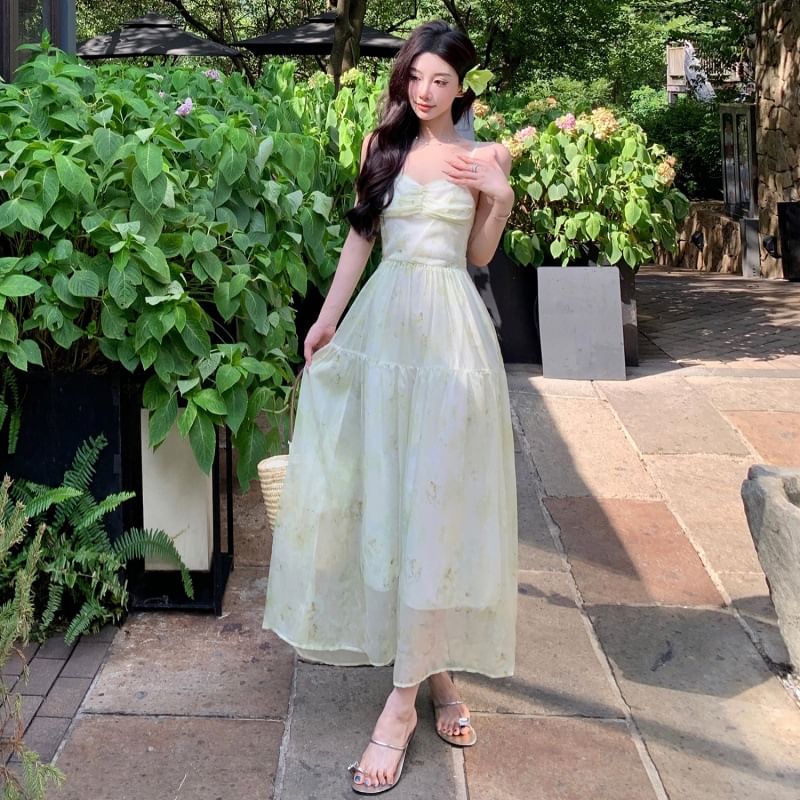 Print Strap Up A-Line Dress Maxi Patterned Lace Spaghetti