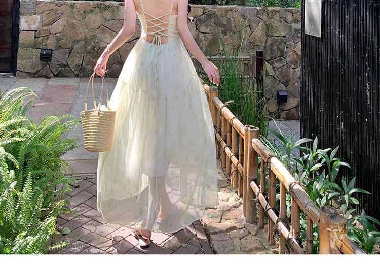 Print Strap Up A-Line Dress Maxi Patterned Lace Spaghetti