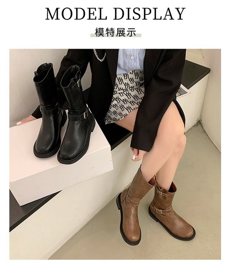 Buckled Low Heel Short Boots