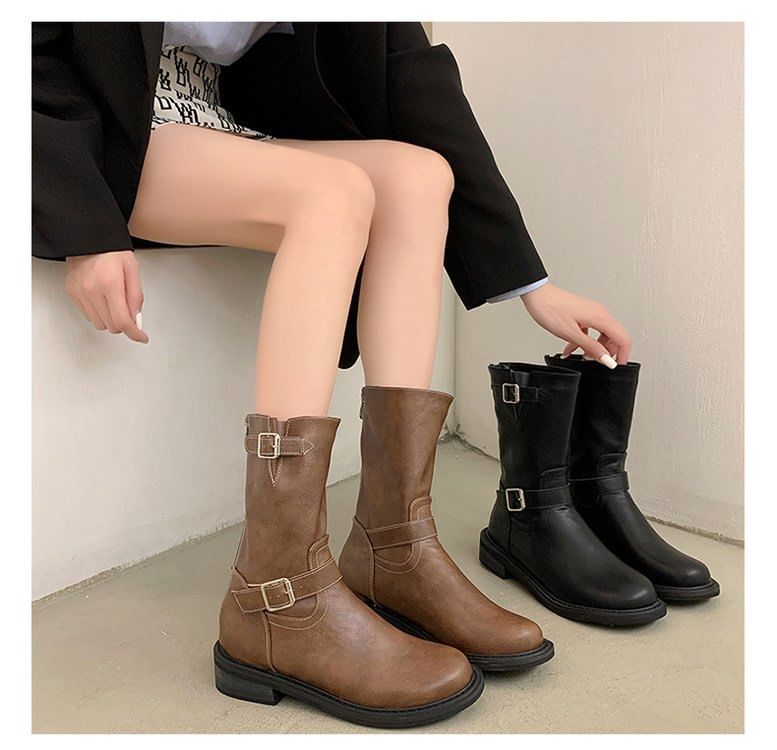 Buckled Low Heel Short Boots