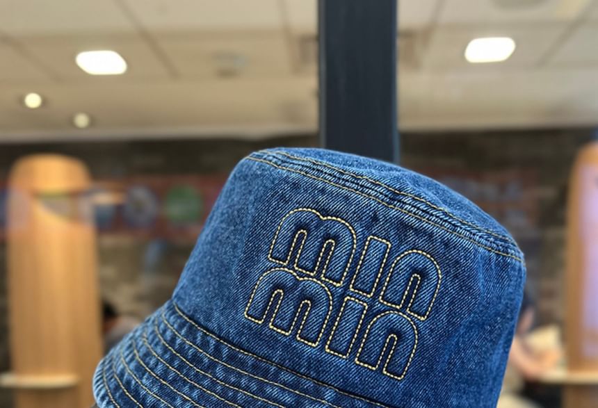 Denim Lettering Hat Washed Bucket Embroidered