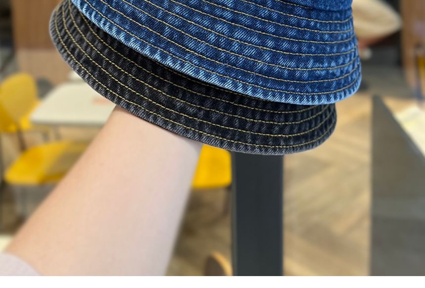 Denim Lettering Hat Washed Bucket Embroidered
