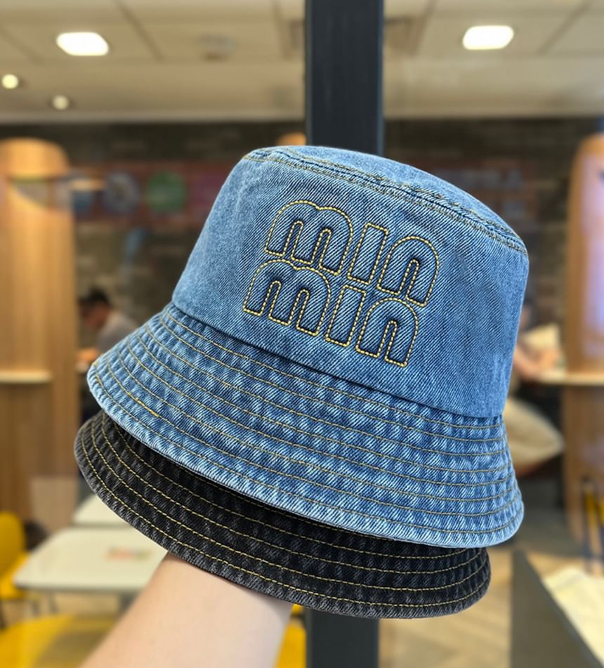 Denim Lettering Hat Washed Bucket Embroidered
