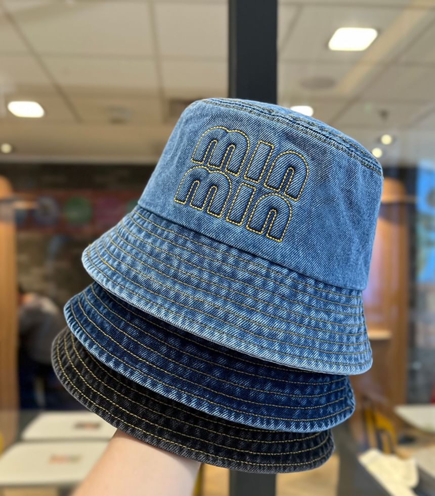 Denim Lettering Hat Washed Bucket Embroidered