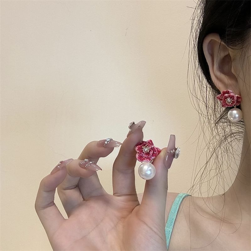 Leather Ball Earring Faux Floral Drop