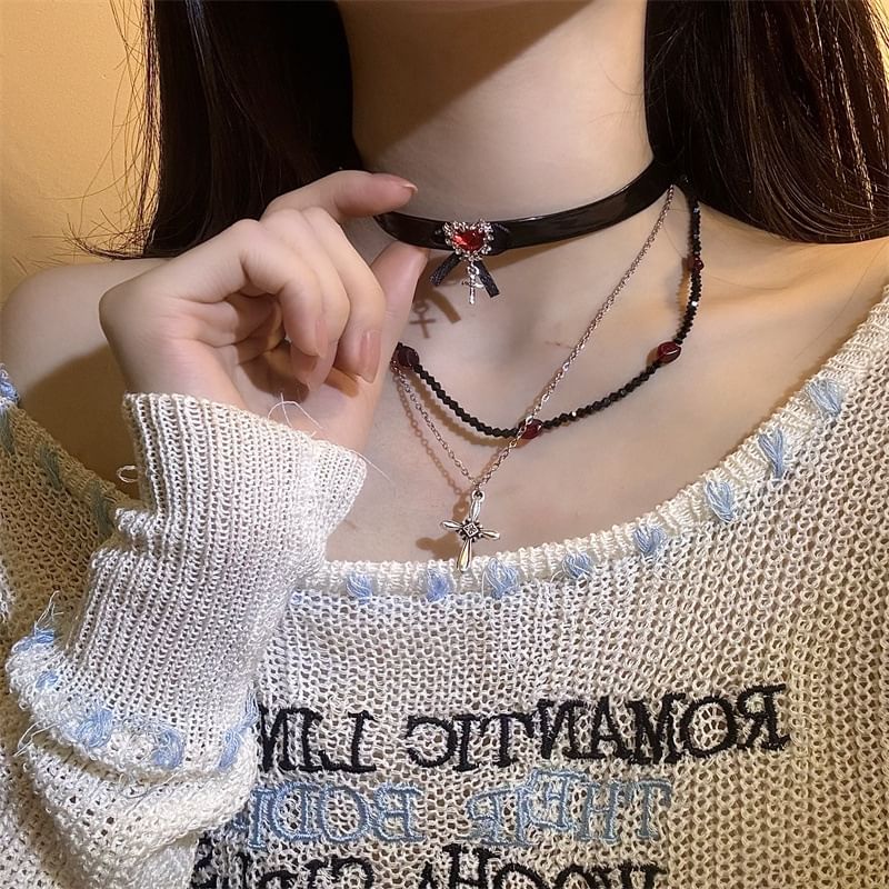 Rhinestone Faux Necklace / Choker Leather Cross